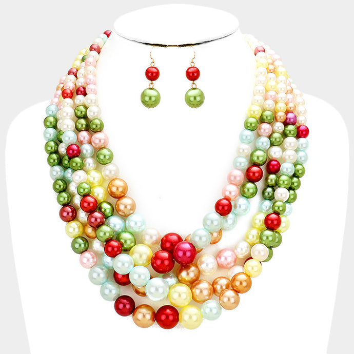 5 STRAND MULTI GLOSSY FAUX PEARL NECKLACE SET