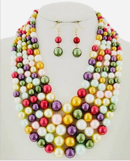 5 STRAND MULTI FAUX PEARL NECKLACE & EARRING SET