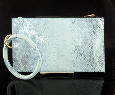 LIGHT BLUE IRIDESCENT SNAKESKIN OVERSIZED WRISTLET BAG