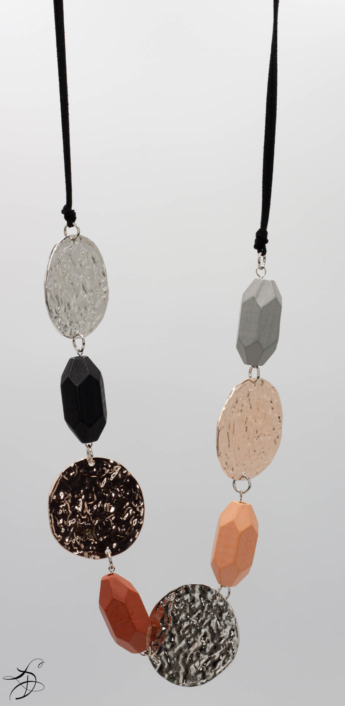 COMBINATION OF TANGERINE, BLACK AND GRAY ROCK SHAPED STONES WITH METAL SPHERES ON A 16 INCH BLACK LEATHER-LIKE STRING