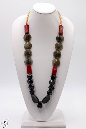 MULTI COLORED NECKLACE -  BRICK RED SQUARES WITH BLACK AND GRAY STONES ON A GOLD CHAIN