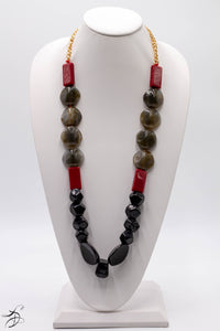 MULTI COLORED NECKLACE -  BRICK RED SQUARES WITH BLACK AND GRAY STONES ON A GOLD CHAIN