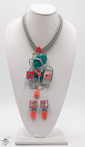 TURQUOISE, ORANGE & GRAY MAGNETIC-CLOSURE ONE OF A KIND MASTERPIECE WITH EARRINGS