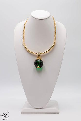 HUNTER GREEN CRYSTAL BALL NECKLACE CENTERED ON A GOLD BAR & CHAIN  *AVAILABLE IN OTHER COLORS - HOT PINK, IVORY AND MIDNIGHT BLUE