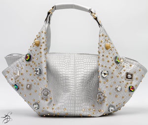 JEWELED SILVER CROC HANDBAG