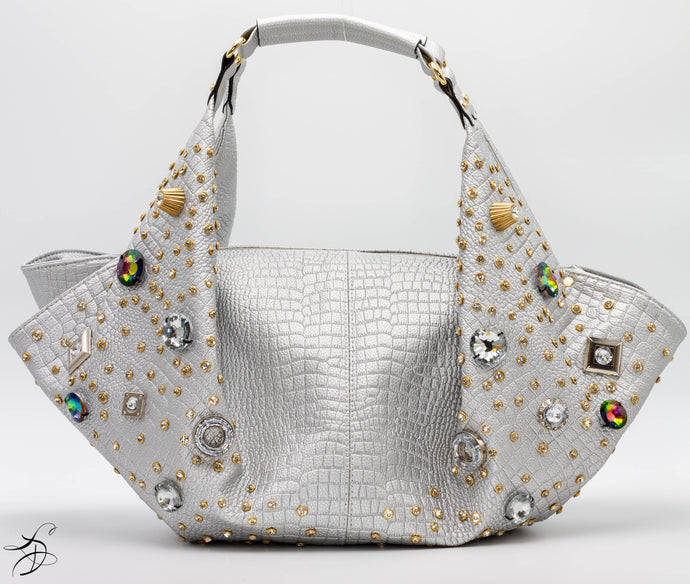 JEWELED SILVER CROC HANDBAG