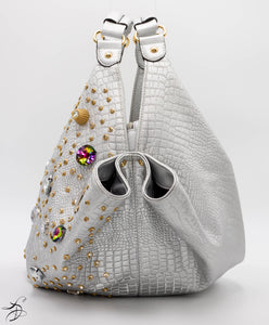 JEWELED SILVER CROC HANDBAG