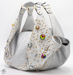 JEWELED SILVER CROC HANDBAG