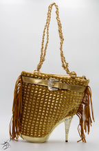 Load image into Gallery viewer, GOLD SHOE HANDBAG WITH WAFFLE SUEDE FRONT WITH A SOLID GOLD BACKING - INCLUDES CHAIN PURSE STRAP.  MEDIUM SIZE HANDBAG  ALSO AVAILABLE IN RED AND BLACK.   
