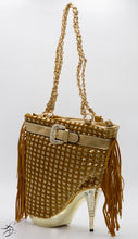 Load image into Gallery viewer, GOLD SHOE HANDBAG WITH WAFFLE SUEDE FRONT WITH A SOLID GOLD BACKING - INCLUDES CHAIN PURSE STRAP.  MEDIUM SIZE HANDBAG  ALSO AVAILABLE IN RED AND BLACK.   
