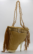 Load image into Gallery viewer, GOLD SHOE HANDBAG WITH WAFFLE SUEDE FRONT WITH A SOLID GOLD BACKING - INCLUDES CHAIN PURSE STRAP.  MEDIUM SIZE HANDBAG  ALSO AVAILABLE IN RED AND BLACK.   
