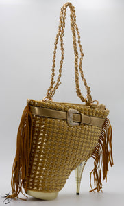 GOLD SHOE HANDBAG WITH WAFFLE SUEDE FRONT WITH A SOLID GOLD BACKING - INCLUDES CHAIN PURSE STRAP.  MEDIUM SIZE HANDBAG  ALSO AVAILABLE IN RED AND BLACK.   