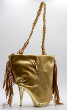 Load image into Gallery viewer, GOLD SHOE HANDBAG WITH WAFFLE SUEDE FRONT WITH A SOLID GOLD BACKING - INCLUDES CHAIN PURSE STRAP.  MEDIUM SIZE HANDBAG  ALSO AVAILABLE IN RED AND BLACK.   
