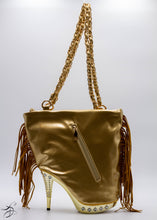 Load image into Gallery viewer, GOLD SHOE HANDBAG WITH WAFFLE SUEDE FRONT WITH A SOLID GOLD BACKING - INCLUDES CHAIN PURSE STRAP.  MEDIUM SIZE HANDBAG  ALSO AVAILABLE IN RED AND BLACK.   
