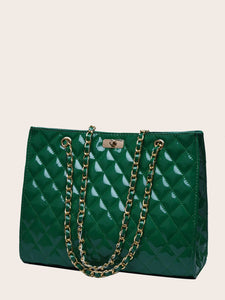 PATENT TWIST LOCK QUILTED CHAIN TOTE - 5 COLORS AVAILABLE