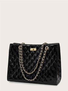 PATENT TWIST LOCK QUILTED CHAIN TOTE -  COLORS AVAILABLE