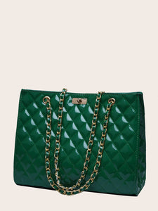 PATENT TWIST LOCK QUILTED CHAIN TOTE -  COLORS AVAILABLE