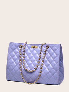 PATENT TWIST LOCK QUILTED CHAIN TOTE -  COLORS AVAILABLE